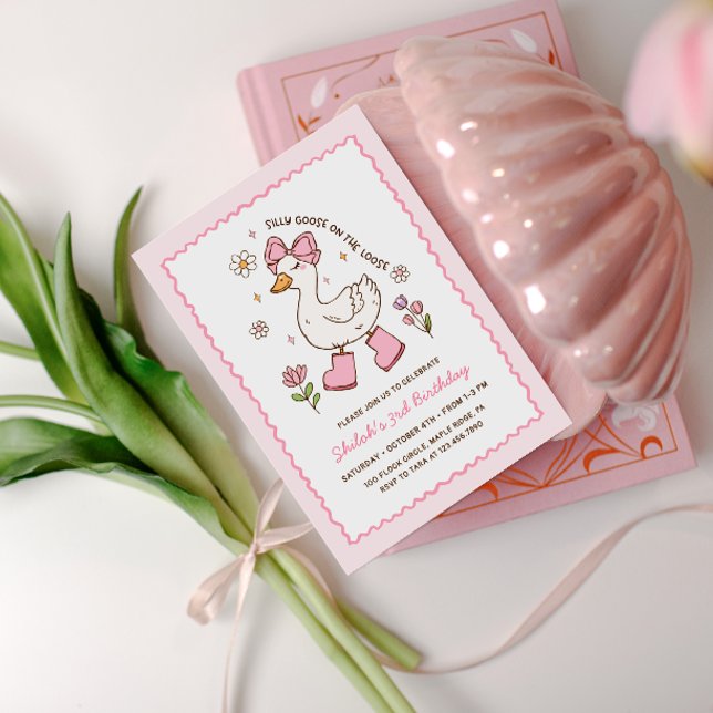 Silly Goose on the Loose Pink Bow Floral Einladung (Von Creator hochgeladen)