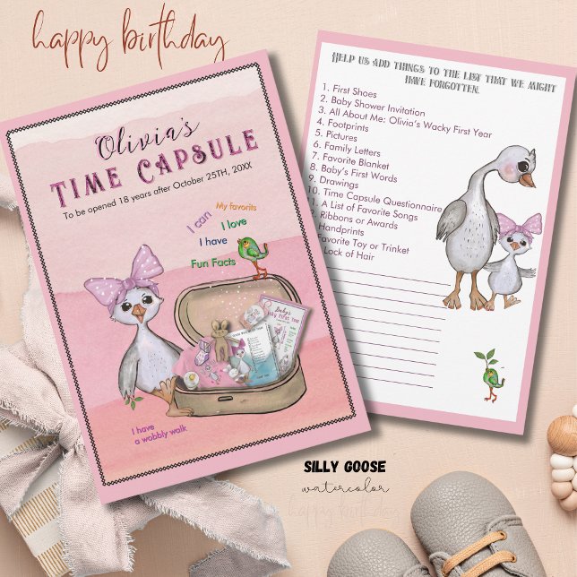 Silly Goose Pink Bow Birthday Time Capsule Game Einladung (Silly Goose Pink Bow Birthday Time Capsule Game Invitation)