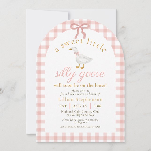 Silly Goose Pink Bow Gingham Baby Shower Arch Einladung (Vorderseite)