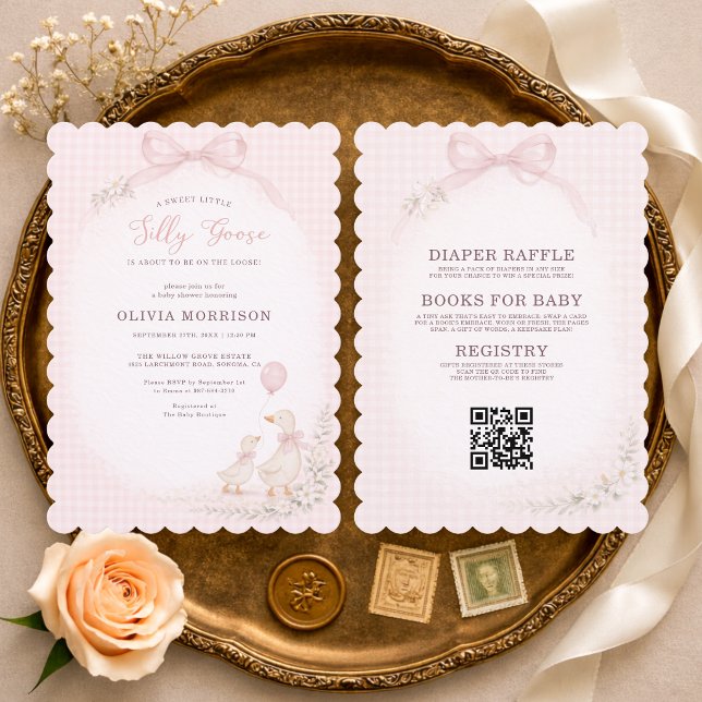 Silly Goose Pink Gingham All in One Baby Shower Einladung (Von Creator hochgeladen)
