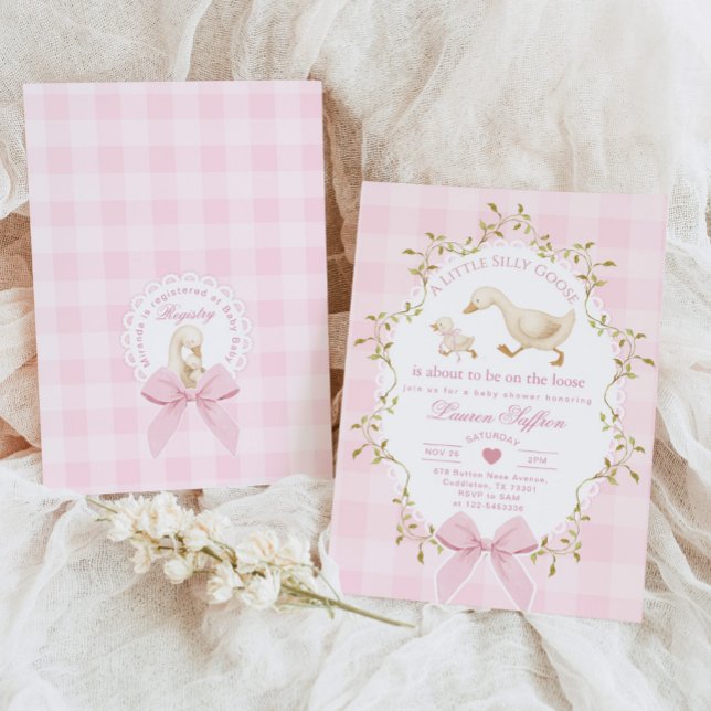 Silly Goose Pink Gingham Baby girl Shower Einladung (Von Creator hochgeladen)