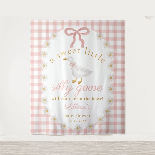 Silly Goose Pink Gingham Baby Shower Backdrop Wandteppich (Vorderseite)