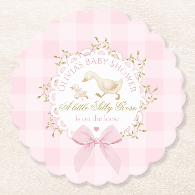 Silly Goose Pink Gingham Bow Baby Shower Untersetzer (Vorderseite)