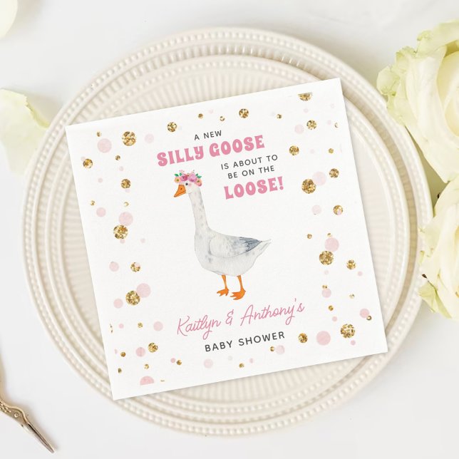 Silly Goose Pink Watercolor Girls Baby Shower Serviette (Von Creator hochgeladen)