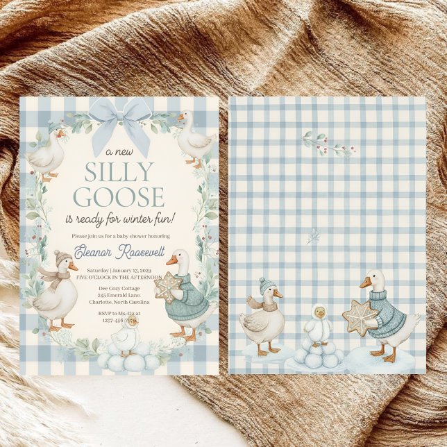 Silly Goose Winter Blue Plaid Baby Shower Einladung (Von Creator hochgeladen)