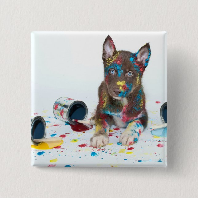 Silly Husky Puppy got into Paint Buckets Button (Vorderseite)