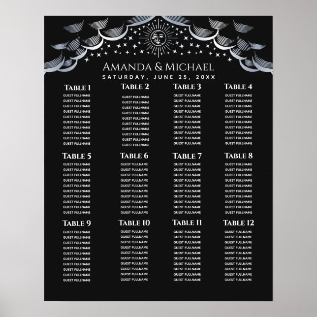 Silve Sun & Moon Tarot Card Wedding Seating Chart Poster (Vorne)