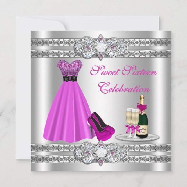 Silver 16 . Geburtstag Gown Invite Einladung (Vorderseite)