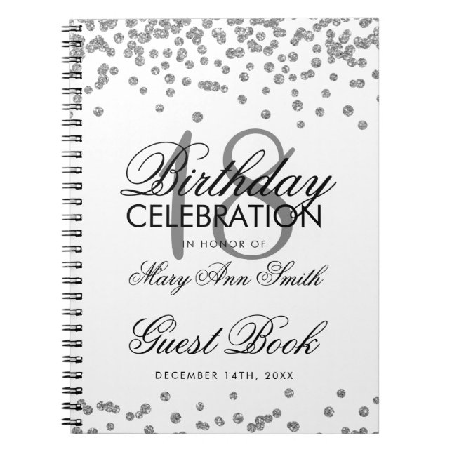 Silver 18. Geburtstag Gästebuch Glitzer Confetti Notizblock (Vorderseite)