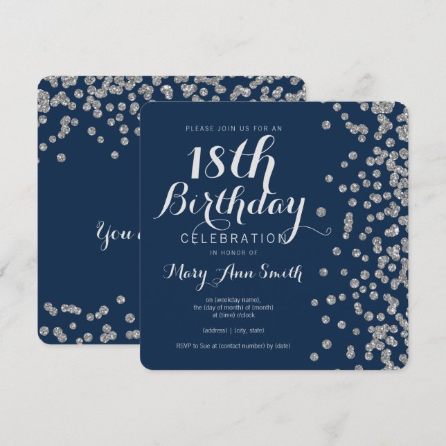 Silver 18. Geburtstag Glitzer Confetti Navy Blue Einladung (Vorne/Hinten)