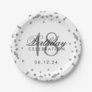 Silver 18. Geburtstag Imitat Glitzer Confetti Wei Pappteller