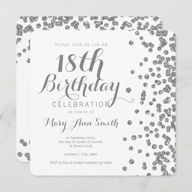Silver 18. Geburtstag Imitate Glitzer Confetti Whi Einladung (Vorne/Hinten)