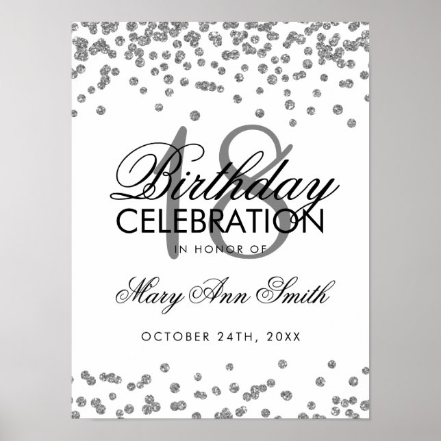 Silver 18. Geburtstag Imitate Glitzer Confetti Whi Poster (Vorne)