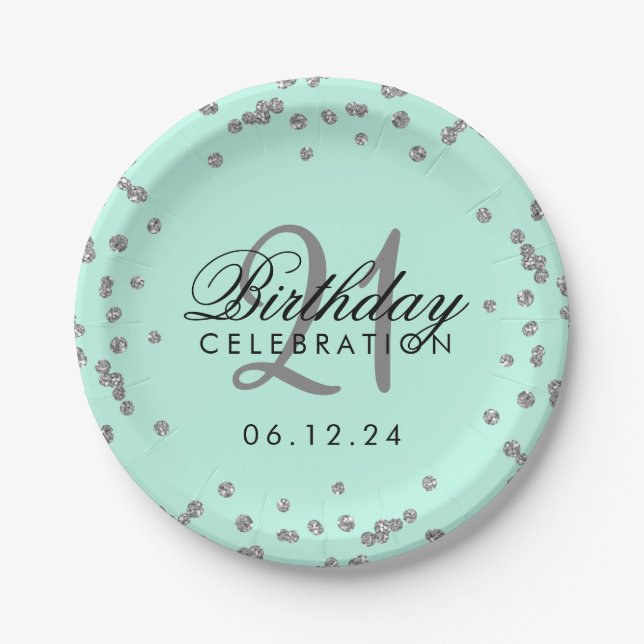 Silver 21. Geburtstag Imitat Glitzer Confetti Mint Pappteller (Vorderseite)