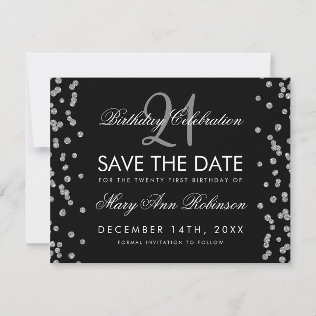 Silver 21. Geburtstag Save the Date Confetti Black (Vorderseite)