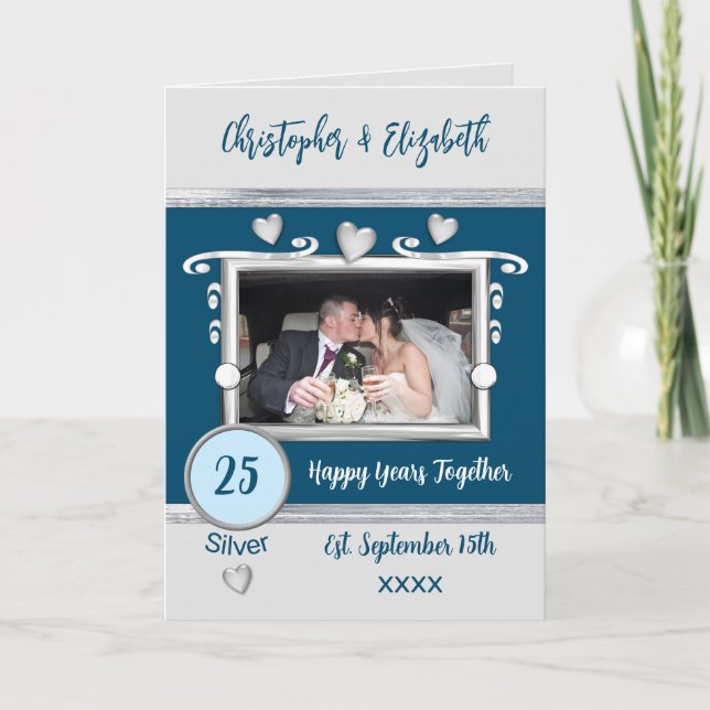 Silver 25. Jubiläum fügen Foto-Namen blau Karte (Vorderseite)