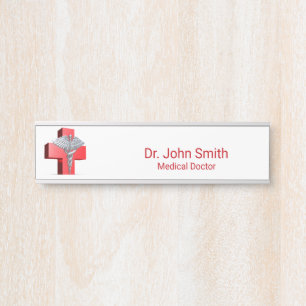 Silver 3D Caduceus Cross Medical Red Türschild