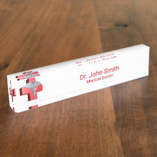 Silver 3D Medical Caduceus Cross Red Namensplakette