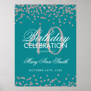 Silver 40. Geburtstag Glitzer Confetti Aquamarin Poster
