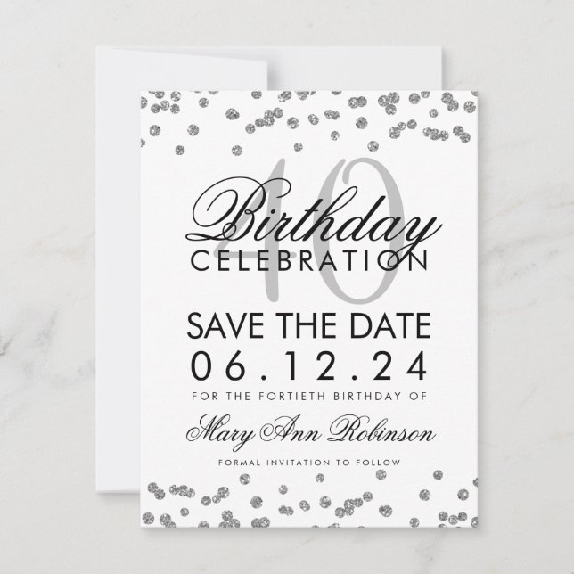 Silver 40. Geburtstag Save the Date Confetti (Vorderseite)