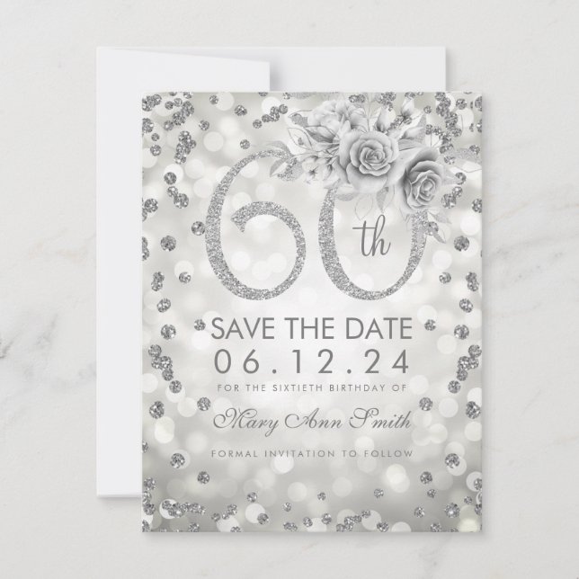 Silver 60. Geburtstag Glam Leuchten Save the Date (Vorderseite)