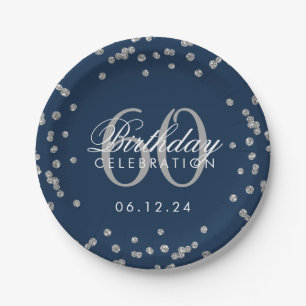 Silver 60. Geburtstag Glitzer Confetti Navy Blau Pappteller
