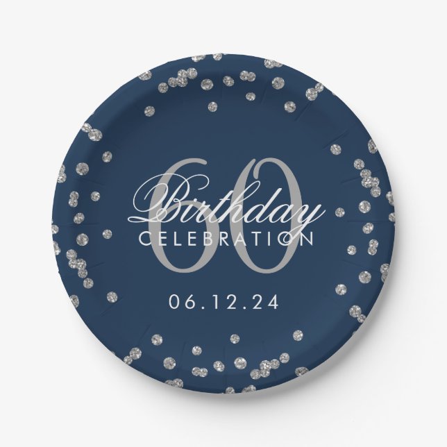 Silver 60. Geburtstag Glitzer Confetti Navy Blau Pappteller (Vorderseite)