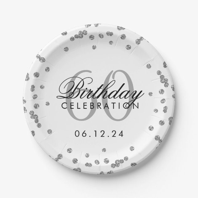 Silver 60. Geburtstag Glitzer Confetti White Pappteller (Vorderseite)