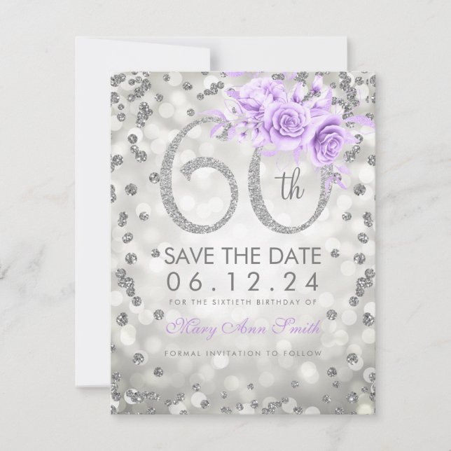 Silver 60. Geburtstag Lila Lights Save the Date (Vorderseite)