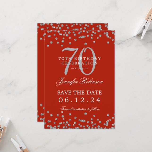 Silver 70. Geburtstag Rett Date Details Rot Einladung (Vorderseite/Rückseite Beispiel)
