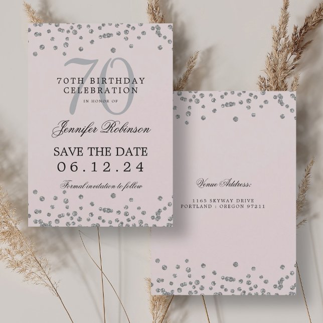 Silver 70. Geburtstag Rett Datum Confetti Rosa Einladung (Silver 70th Birthday Save Date Confetti Blush Pink Invitation)