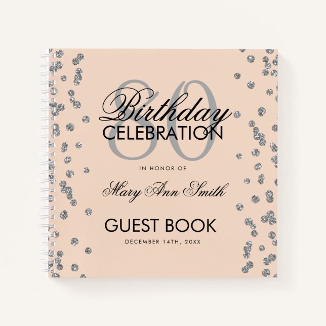 Silver 80. Geburtstag Gästebuch Confetti Blush Pin Notizbuch (Vorderseite)