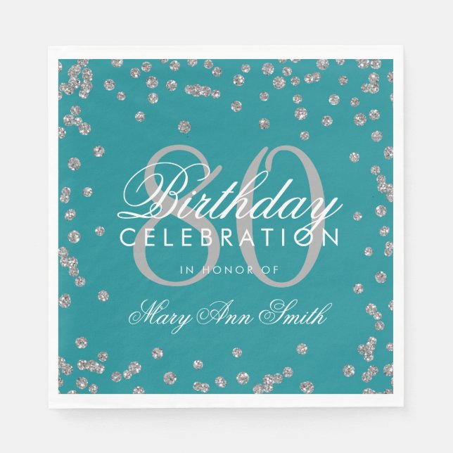 Silver 80. Geburtstag Glitzer Confetti Aquamarin Serviette (Vorderseite)