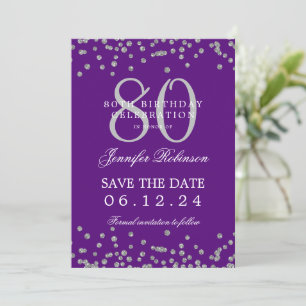 Silver 80. Geburtstag Rett Date Details Lila Einladung
