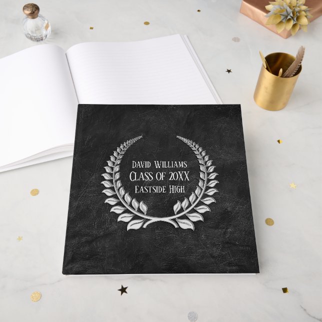 Silver Abschluss Laurel auf Black Leather Gästebuch (Vorderseite offen)