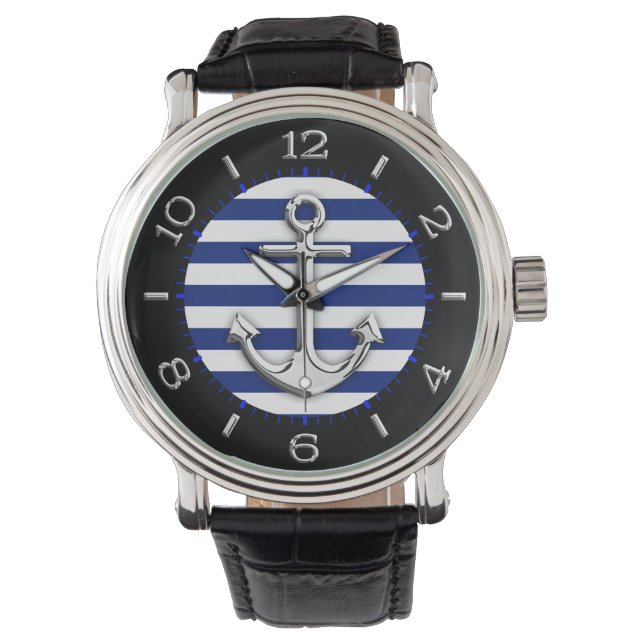 Silver Anchor auf Navy Blue Stripes Dial Armbanduhr (Vorderseite)