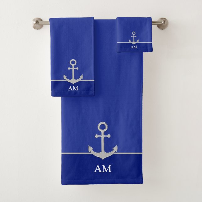 Silver Anchor & Monogram auf Deep Blue Badhandtuch Set (Insitu)