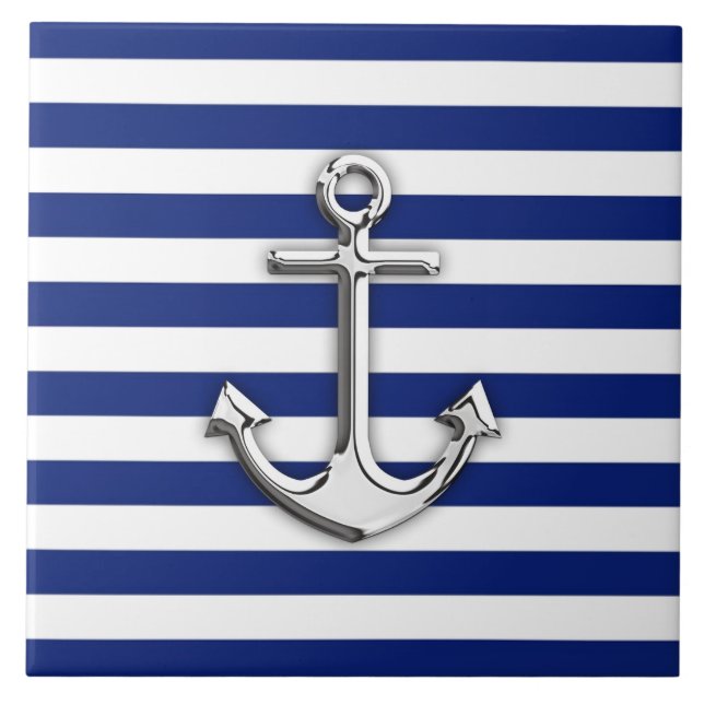 Silver Anchor on Navy Blue Stripes Fliese (Vorderseite)