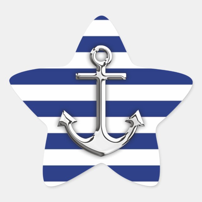Silver Anchor on Navy Blue Stripes Stern-Aufkleber (Vorderseite)