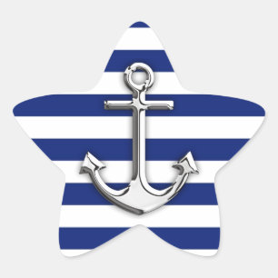 Silver Anchor on Navy Blue Stripes Stern-Aufkleber