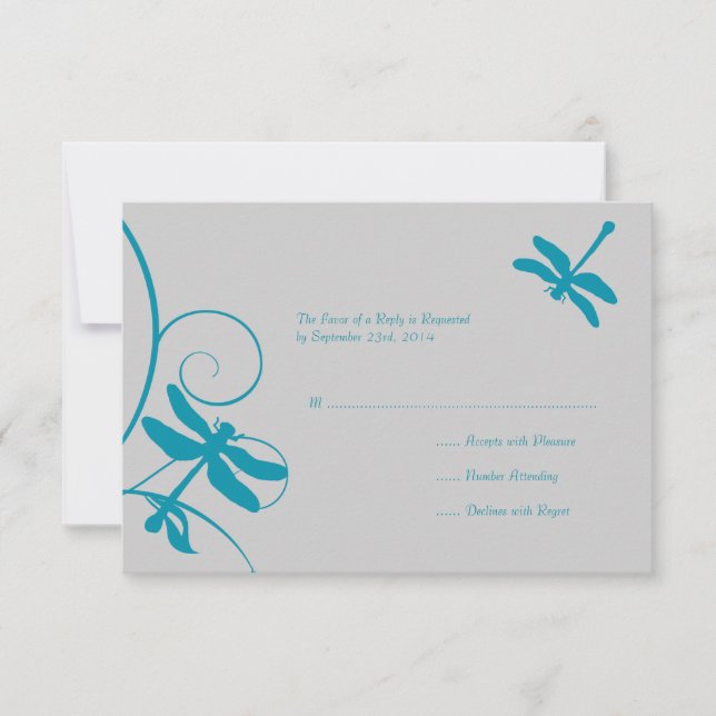 Silver and Aqua Blue Dragonfly Wedding RSVP Karte (Vorderseite)