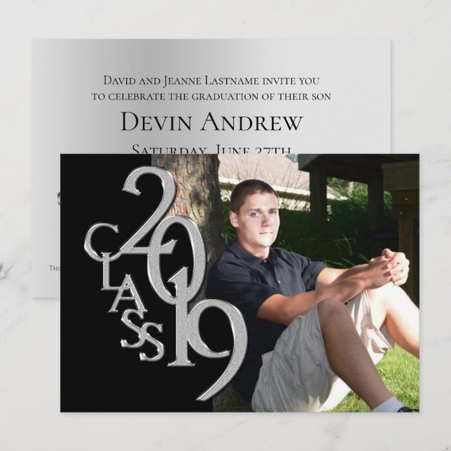 Silver and Black 2019 Foto Abschluss Einladung (Vorne/Hinten)