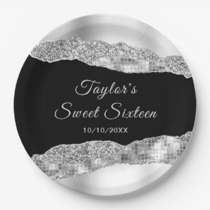 Silver and Black Glam Tränen 16 . Geburtstag Pappteller