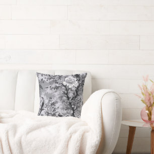 Silver and Black Toile de Fleur Kissen