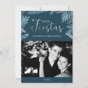 Silver and Blue Felices Fiestas Foto Holiday Card