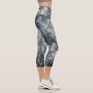 Silver and Blue Snowflake Winter Capri Leggings