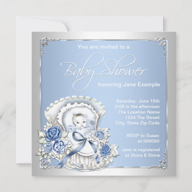 Silver and Blue Vintag Baby Boy Dusche Einladung (Vorderseite)