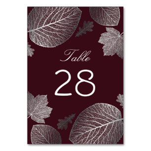 Silver and Burgund Herbstlaubs Hochzeit Tischnummer