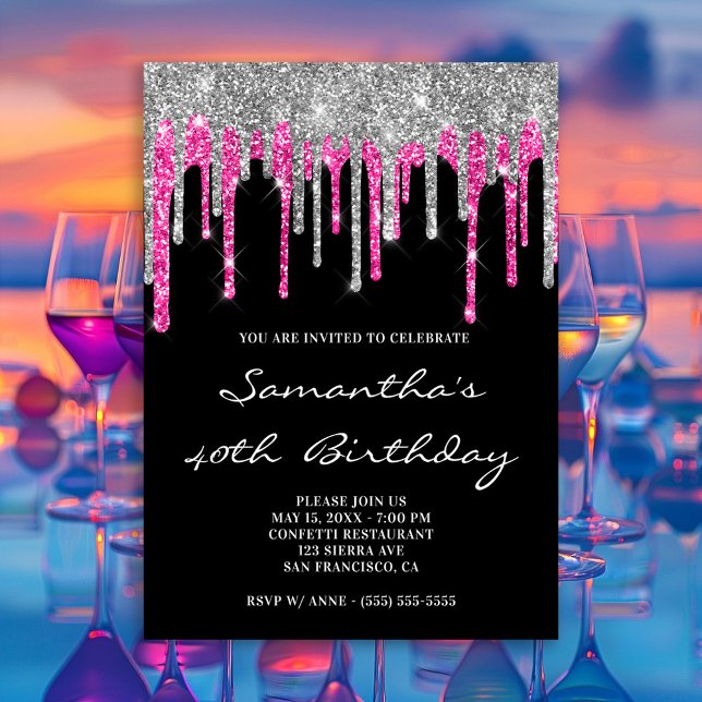 Silver and Deep Pink Glitzer Tropfen Black Birthda Einladung (Silver and Deep Pink Glitter Drips Black Birthday Invitation)