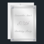 Silver and Diamond Effect 80. Geburtstagspartei Einladung<br><div class="desc">Diese elegante, feminine 5 x 7 Zoll Einladung für eine 80. Geburtstagsparty hat einen schattigen Hintergrund in silberfarbenen Metallic-Tönen mit Rohrbändern in den gleichen Farben. Die Ecken und der Text sind mit einem glühenden Diamantgemauersteineffekt verziert: Der 80. in einem dekorativen silbernen Schriftart schmückt das Zentrum. Andere Größen und Farben sind...</div>
